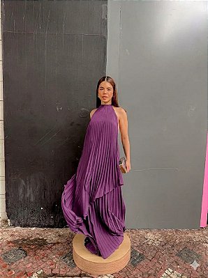 VESTIDO LONGO CHIFFON FRENTE ÚNICA PLISSADO SOBREPOSTO ROXO