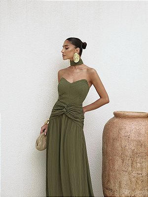 VESTIDO LONGO CHIFFON COM DECOTE V PLISSADO COM DETALHE NA CINTURA VERDE OLIVA