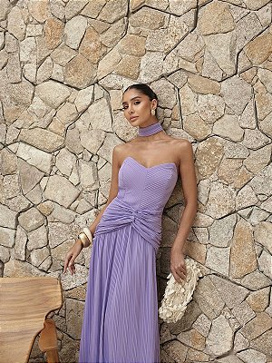 VESTIDO LONGO CHIFFON COM DECOTE V PLISSADO COM DETALHE NA CINTURA LILÁS