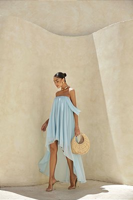VESTIDO MIDI CHIFFON ALÇAS CAIDAS FRENTE CURTA E CALDA MÉDIA AZUL SERENITY