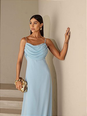 VESTIDO LONGO CHIFFON ALCINHA COM DECOTE DRAPEADO AZUL SERENITY