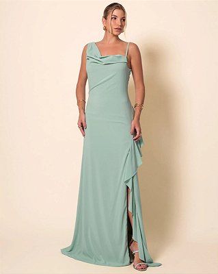 VESTIDO LONGO CHIFFON  ALCINHA COM FENDA E BABADO DETALHE BABADO NAS COSTAS VERDE MENTA