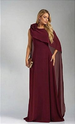 VESTIDO LONGO CHIFFON COM CAPA DETALHE FLOR NO OMBRO SAIA LISA  MARSALA
