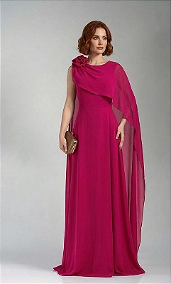 VESTIDO LONGO CHIFFON COM CAPA DETALHE FLOR NO OMBRO SAIA LISA FUCSIA