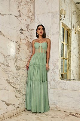 VESTIDO LONGO MICROTULE MODELO CORPETE SAIA COM PEQUENAS CAMADAS VERDE MENTA