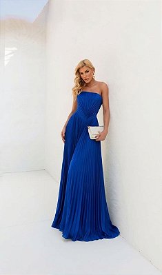 VESTIDO PLISSADO TOMARA QUE CAIA DETALHE V NA CINTURA AZUL ROYAL