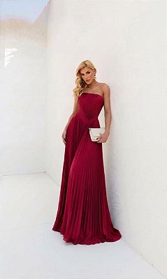 VESTIDO PLISSADO TOMARA QUE CAIA DETALHE V NA CINTURA VERMELHO