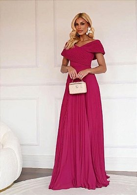 VESTIDO LONGO PLISSADO DECOTE ASSIMÉTRICO COM CINTURA MARCADA  FUCSIA