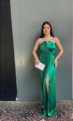 VESTIDO LONGO SEDA TOMARA QUE CAIA METADE PLISSADO METADE LISO FENDA FRENTE VERDE ESMERALDA