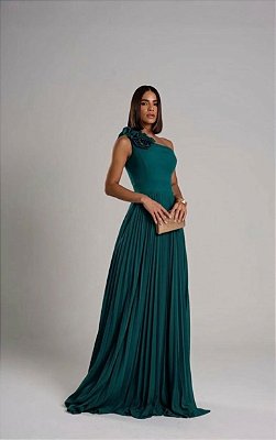 VESTIDO LONGO PLISSADO UM OMBRO SÓ APLICAÇÃO FLORAL EM RELEVO VERDE PETRÓLEO