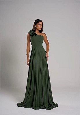 VESTIDO LONGO PLISSADO UM OMBRO SÓ APLICAÇÃO FLORAL EM RELEVO VERDE OLIVA
