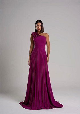 VESTIDO LONGO PLISSADO UM OMBRO SÓ APLICAÇÃO FLORAL EM RELEVO FUCSIA