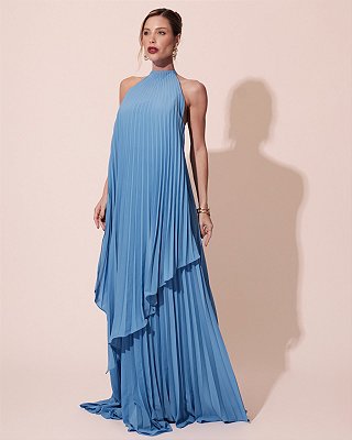 VESTIDO LONGO CHIFFON FRENTE ÚNICA PLISSADO SOBREPOSTO AZUL COBALTO