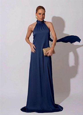 VESTIDO LONGO GOLA ALTA SEDA COM AMARRAÇÃO COSTA NUA AZUL MARINHO