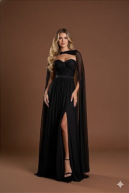 VESTIDO LONGO TOMARA QUE CAIA MICROTULE BUSTO DRAPEADO COM CAPA PRETO