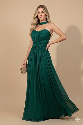 VESTIDO LONGO MIRCORULE TOMARA QUE CAIA ACABAMENTO DRAPEADO VERDE ESMERALDA