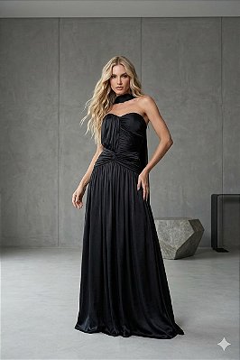 VESTIDO LONGO MIRCORULE TOMARA QUE CAIA ACABAMENTO DRAPEADO PRETO
