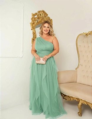 VESTIDO LONGO MICROTULE UM OMBRO SÓ PALA CINTURA SAIA EM CAMADAS VERTICAIS LAÇO NO OMBRO VERDE MENTA