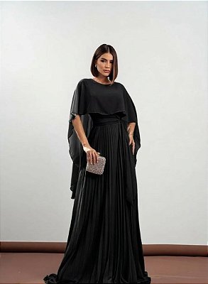 VESTIDO LONGO PLISSADO COM MANGA CAPA  PRETO