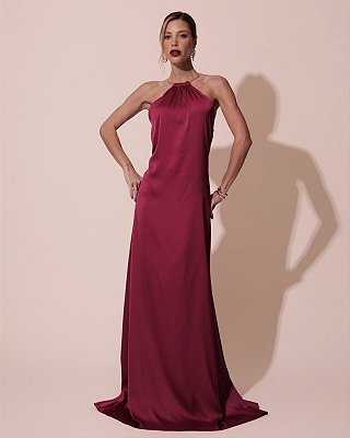 VESTIDO SEDA FRENTE ÚNICA GOLA MODELO COLAR FUCSIA