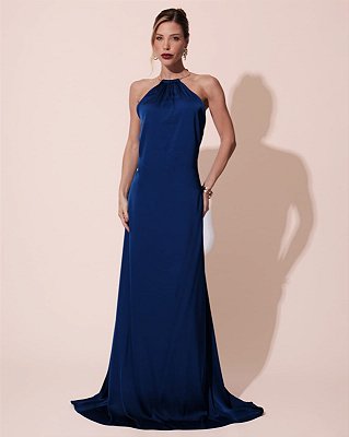 VESTIDO SEDA FRENTE ÚNICA GOLA MODELO COLAR AZUL MARINHO