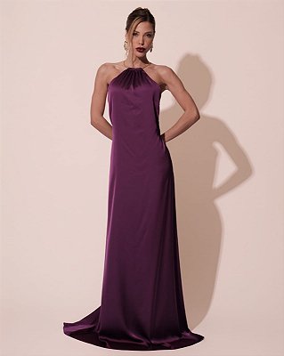 VESTIDO SEDA FRENTE ÚNICA GOLA MODELO COLAR ROXO