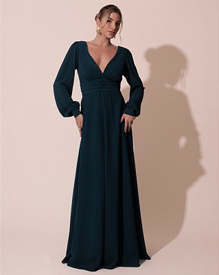 VESTIDO LONGO MANGA LONGA COM DETALHE DRAPEADO NA CINTURA DECOTE V VERDE PETROLÉO