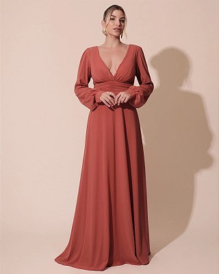 VESTIDO LONGO MANGA LONGA COM DETALHE DRAPEADO NA CINTURA DECOTE V TERRACOTA