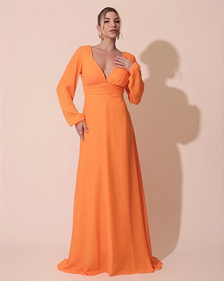 VESTIDO LONGO MANGA LONGA COM DETALHE DRAPEADO NA CINTURA DECOTE V LARANJA