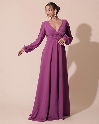 VESTIDO LONGO MANGA LONGA COM DETALHE DRAPEADO NA CINTURA DECOTE V FUCSIA