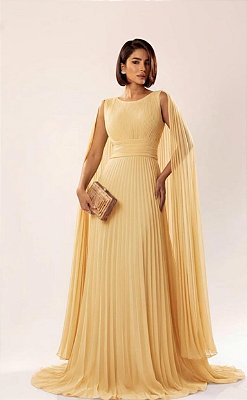 VESTIDO LONGO CHIFFON PLISSADO ACINTURADO COM MANGA CAPA AMARELO