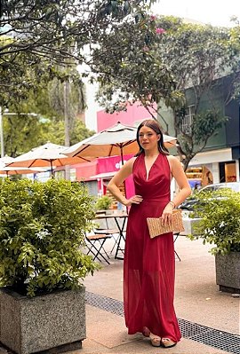 VESTIDO  CHIFFON FRENTE ÚNICA GOLA BOBA VERMELHO