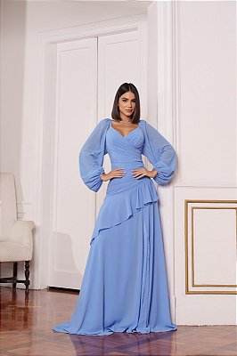 VESTIDO LONGO ALCINHA COM CAPA REMOVÍVEL DRAPEADO NA LATERAL AZUL SERENITY