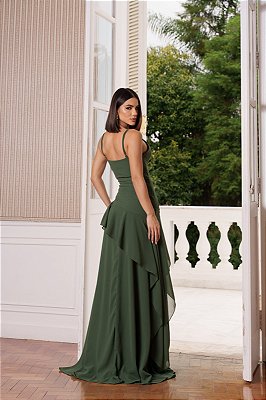 VESTIDO LONGO ALCINHA COM CAPA REMOVÍVEL DRAPEADO NA LATERAL VERDE OLIVA