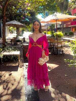 VESTIDO MIDI COM RECORTES E DETALHE DE ARGOLA SAIA BABADO TRÊS MARIAS FUCSIA