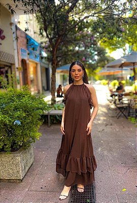 VESTIDO MIDI FRENTE ÚNICA DETALHE BABADO LADOS SAIA BABADOS NA PONTA MARROM