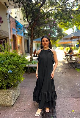 VESTIDO MIDI FRENTE ÚNICA DETALHE BABADO LADOS SAIA BABADOS NA PONTA PRETO