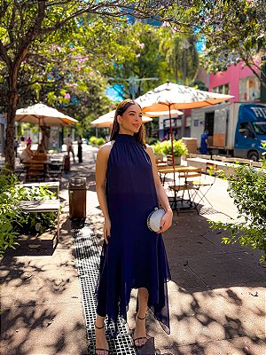 VESTIDO MIDI COM CINTO SAIA EM CAMADAS AZUL MARINHO