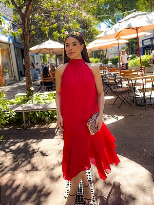VESTIDO MIDI COM CINTO SAIA EM CAMADAS VERMELHO