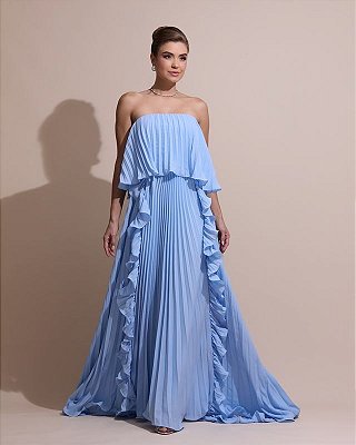 VESTIDO LONGO PLISSADO COM BABADOS EM CAMADAS MOVIMENTO FLUIDO AZUL SERENITY