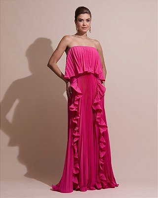 VESTIDO LONGO PLISSADO COM BABADOS EM CAMADAS MOVIMENTO FLUIDO PINK