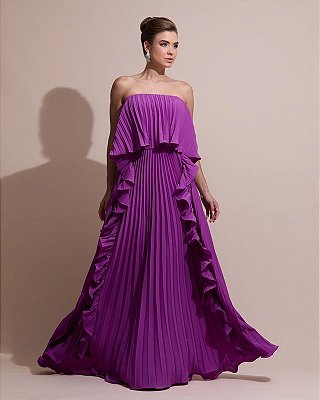 VESTIDO LONGO PLISSADO COM BABADOS EM CAMADAS MOVIMENTO FLUIDO ROXO