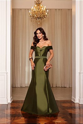 VESTIDO LONGO ZIBELINE OMBRO A OMBRO ACINTURADO DECOTE CORAÇÃO VERDE OLIVA