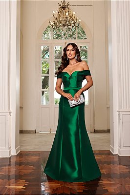 VESTIDO LONGO ZIBELINE OMBRO A OMBRO ACINTURADO DECOTE CORAÇÃO VERDE ESMERALDA