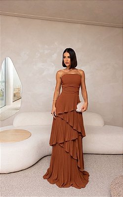 VESTIDO CHIFFON PLISSADO COM CAMADAS TERRACOTA