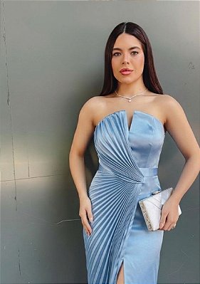 VESTIDO LONGO SEDA TOMARA QUE CAIA METADE PLISSADO METADE LISO FENDA FRENTE AZUL SERENITY