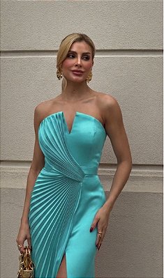 VESTIDO LONGO SEDA TOMARA QUE CAIA METADE PLISSADO METADE LISO FENDA FRENTE AZUL TIFFANY