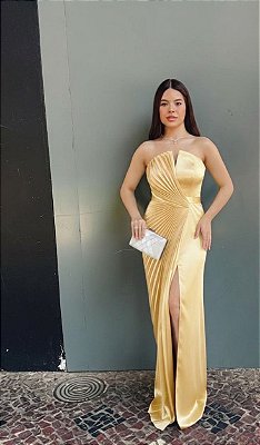 VESTIDO LONGO SEDA TOMARA QUE CAIA METADE PLISSADO METADE LISO FENDA FRENTE AMARELO
