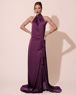 VESTIDO LONGO SEDA GOLA ALTA COM DRAPEADO DETALHE NA CINTURA COM  BABADO ROXO