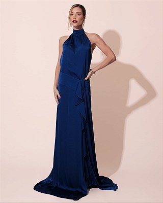 VESTIDO LONGO SEDA GOLA ALTA COM DRAPEADO DETALHE NA CINTURA COM  BABADO AZUL ROYAL